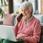 ai generated, woman, laptop, elderly, computer, working, senior, business, sofa, family, house, work, technology, internet, shopping, beauty, mature, sitting